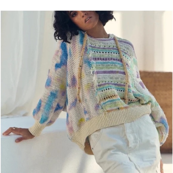 Free People Sweaters - Free People Flower Child Poncho Sweater Hooded Tie Dye Patchwork size small